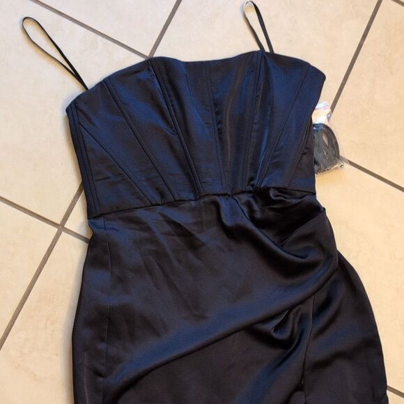 NWT After Six Corset Satin Maxi Dress  Draped Column Skirt Midnight Navy Size 8 - Picture 2 of 16